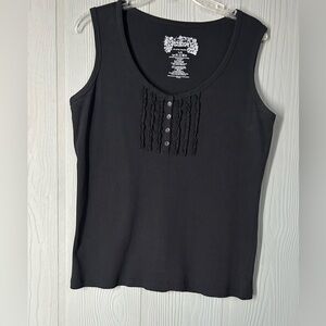 90*. SUZANNE’S Women’s Black Sleeveless Ribbed Ruffle Tank Top
Size:L